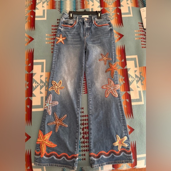DRIFTWOOD Denim - DRIFTWOOD Charlie size 25x32 Blue Wide-Leg Jeans with Orange Starfish Embroidery